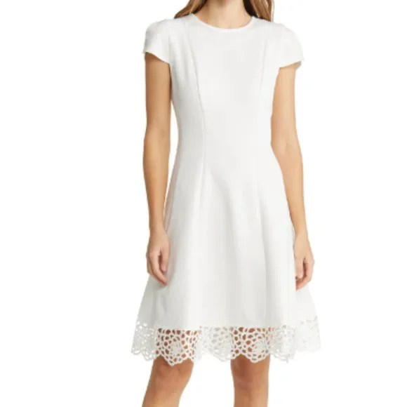 Donna Ricco | Dresses | Donna Ricco Tulip Sleeve Lace Hem Fit Flare Dress  White Size | Poshmark